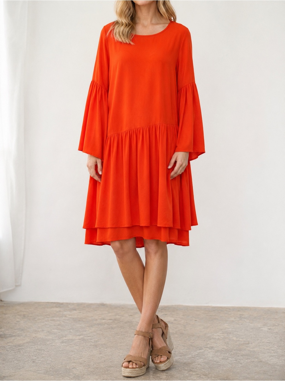 JUST Female Garner Layered Dress Oversized Flowy Midi Orange Red Size Small